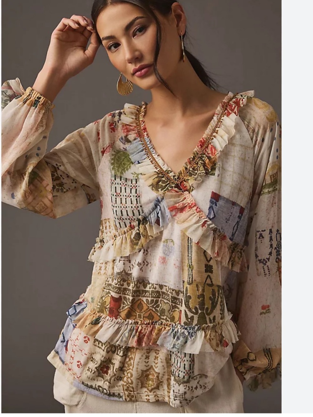 Anthropologie Cream Patchwork Ruffle Wrap Tunic with Multicolor Accents